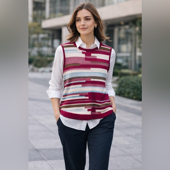 St. John Sweaters - St John Wool magenta pink with stripes sweater vest size Medium